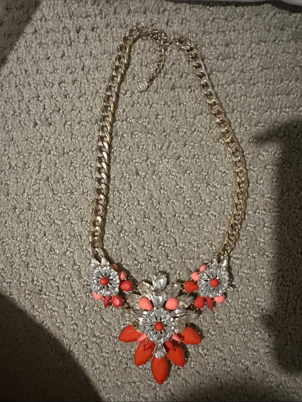 Statement Gold Chain Necklace with Coral and Clear Crystal Floral Accents